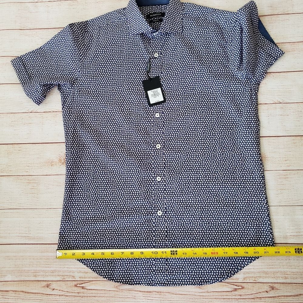 Bugatchi Short Sleeve Button Front Shirt Men's Size Medium Navy Blue Red White - Picture 7 of 15